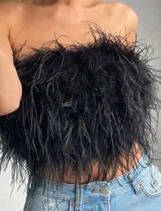 Fashion-forward feather-detail tube top, an elegant choice for women's events.