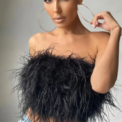 Stylish feather-detail crop top, a fashionable women's party wear essential.