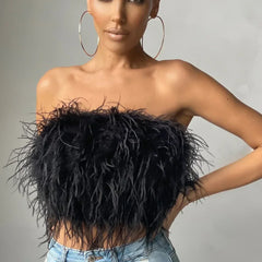 Sleeveless feather tube top, an elegant & trendy piece for women's summer fashion.
