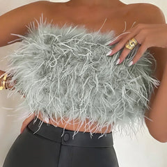 Women's stylish feather-trim tube top, a trendy crop top for elegant party wear.