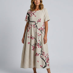 Women's Beach Cover Dress | Maxi Round Neck Short Sleeve Linen Blend