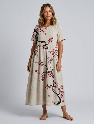 Women's Beach Cover Dress | Maxi Round Neck Short Sleeve Linen Blend