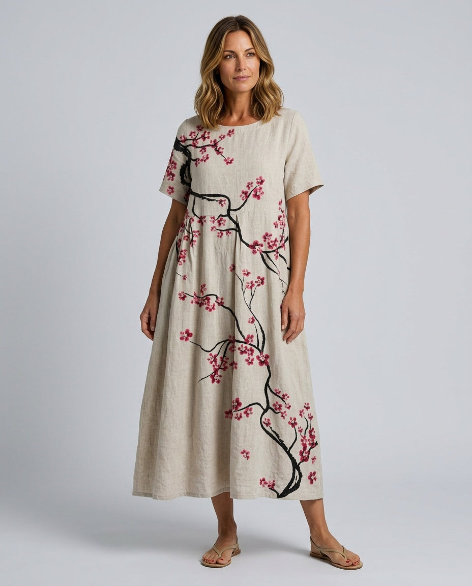 Women's Beach Cover Dress | Maxi Round Neck Short Sleeve Linen Blend