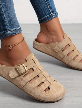 Women's Closed Toe Sandals | Buckle Strap Suede Cut-Out Mule