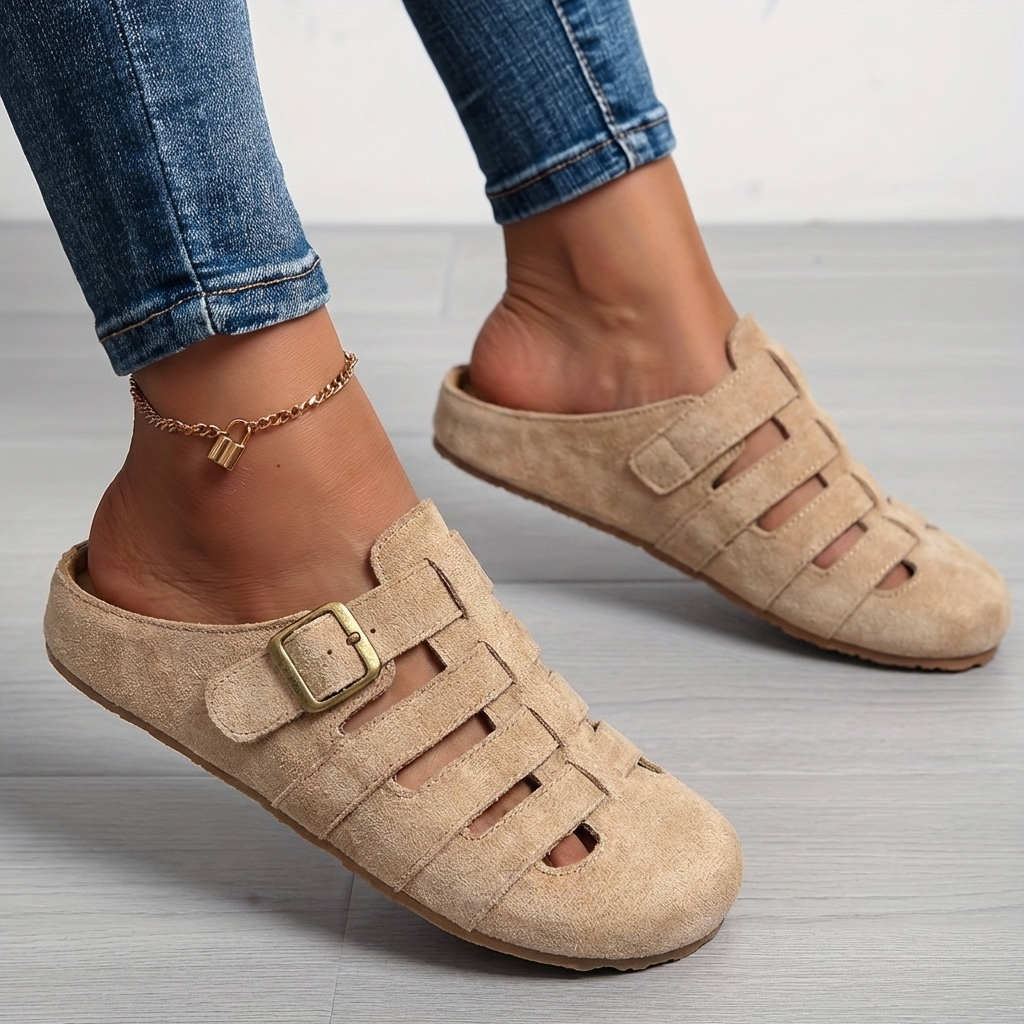 Women's Closed Toe Sandals | Buckle Strap Suede Cut-Out Mule