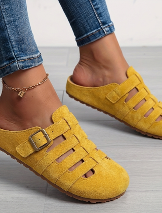 Women's Closed Toe Sandals | Buckle Strap Suede Cut-Out Mule
