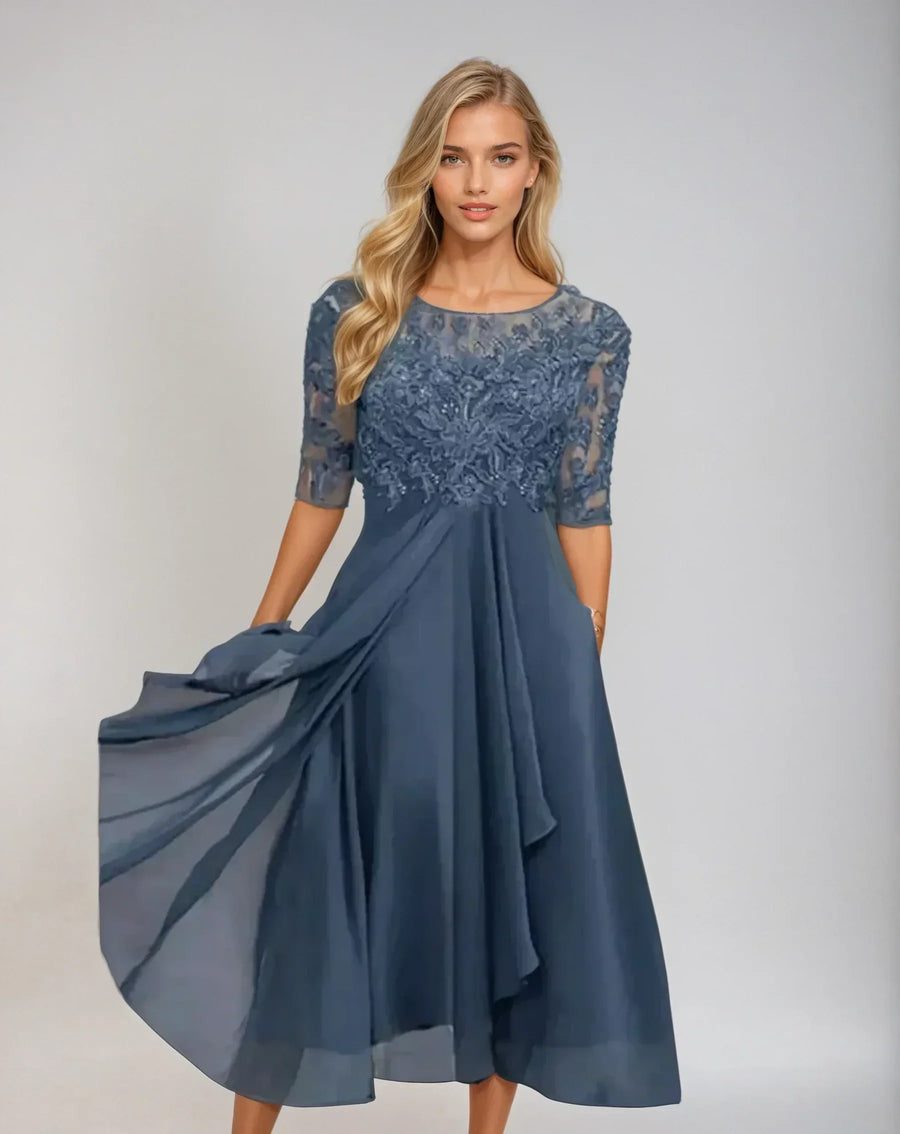 Women's Dress | Midi Length Lace Bodice Three-Quarter Sleeve