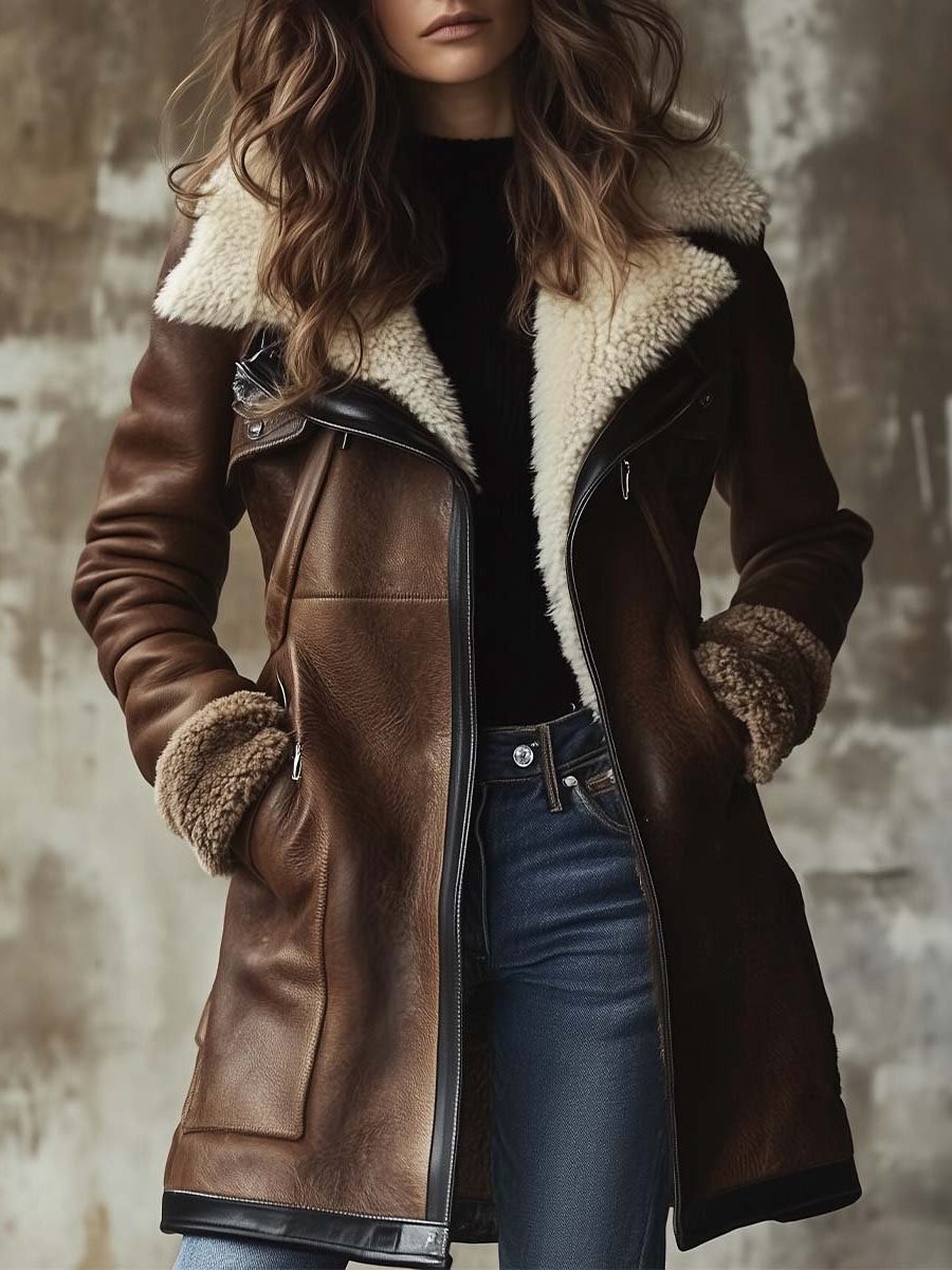 Long Vintage Leather Coat with Faux Fur Collar for Women - Coat