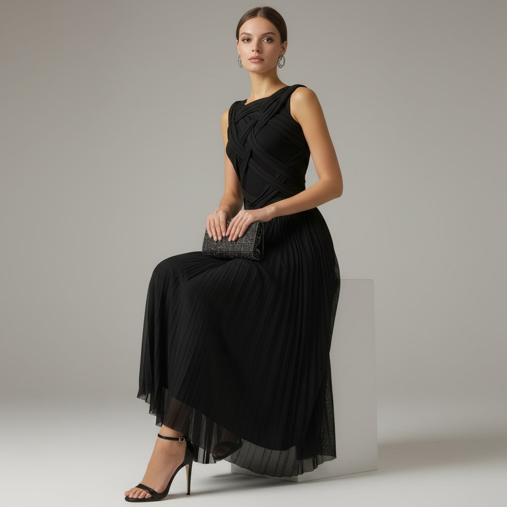 Women's Cocktail Dress | Midi Length Crisscross Neckline Sleeveless Pleated