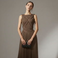 Women's Cocktail Dress | Midi Length Crisscross Neckline Sleeveless Pleated