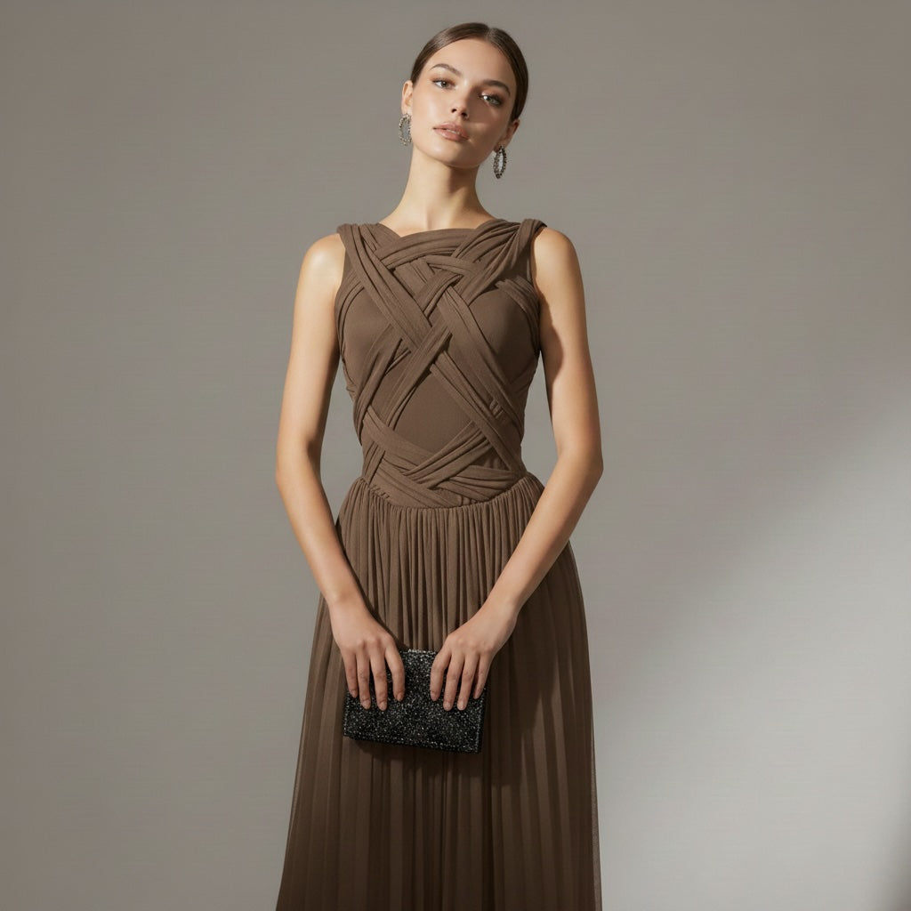 Women's Cocktail Dress | Midi Length Crisscross Neckline Sleeveless Pleated