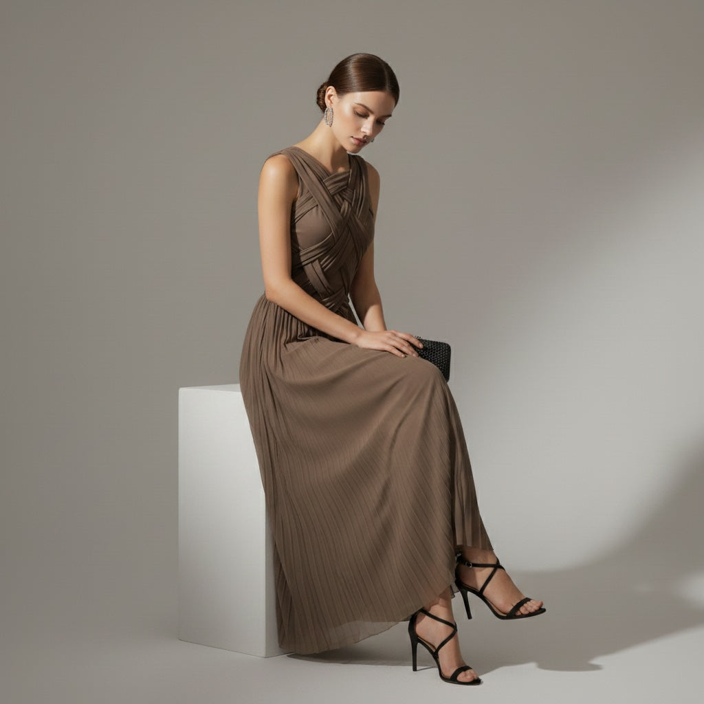 Women's Cocktail Dress | Midi Length Crisscross Neckline Sleeveless Pleated