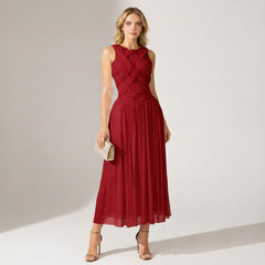 Women's Cocktail Dress | Midi Length Crisscross Neckline Sleeveless Pleated