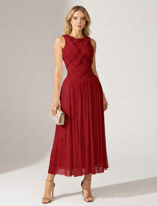 Women's Cocktail Dress | Midi Length Crisscross Neckline Sleeveless Pleated