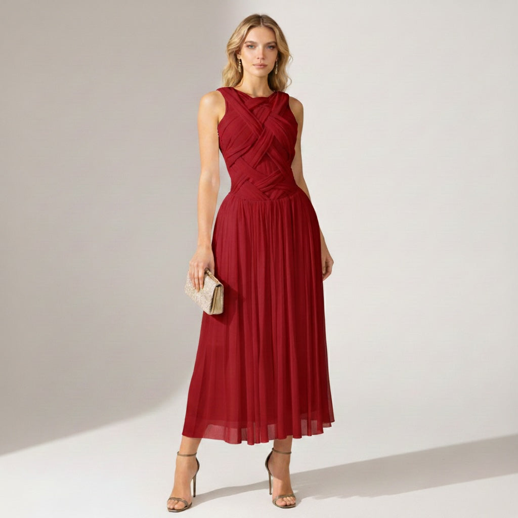 Women's Cocktail Dress | Midi Length Crisscross Neckline Sleeveless Pleated