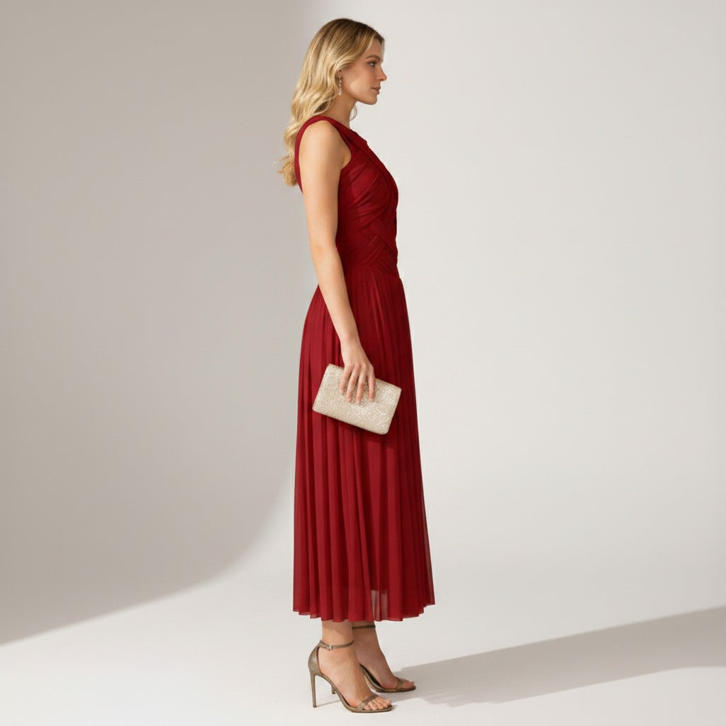 Women's Cocktail Dress | Midi Length Crisscross Neckline Sleeveless Pleated