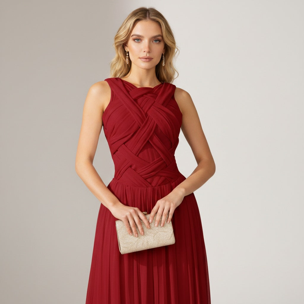 Women's Cocktail Dress | Midi Length Crisscross Neckline Sleeveless Pleated