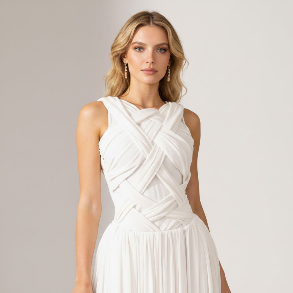 Women's Cocktail Dress | Midi Length Crisscross Neckline Sleeveless Pleated