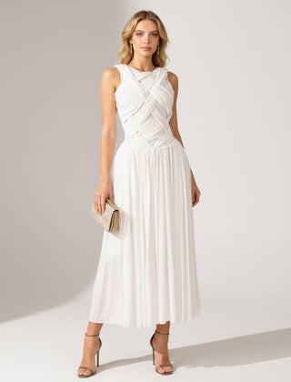 Women's Cocktail Dress | Midi Length Crisscross Neckline Sleeveless Pleated