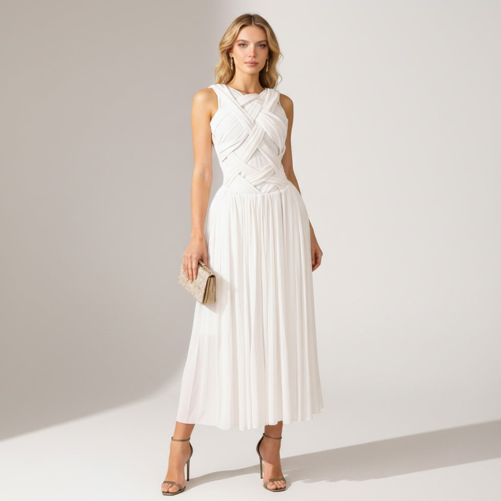 Women's Cocktail Dress | Midi Length Crisscross Neckline Sleeveless Pleated