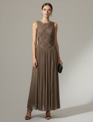 Women's Cocktail Dress | Midi Length Crisscross Neckline Sleeveless Pleated