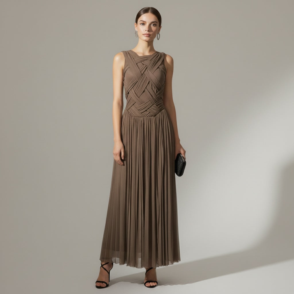 Women's Cocktail Dress | Midi Length Crisscross Neckline Sleeveless Pleated