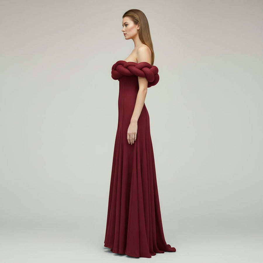 Women's Wedding Guest Dress | Maxi Off-Shoulder Braided Neckline