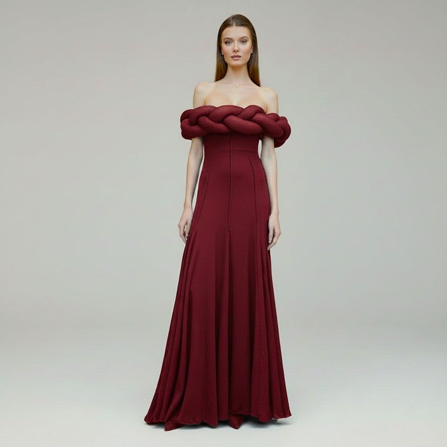 Women's Wedding Guest Dress | Maxi Off-Shoulder Braided Neckline