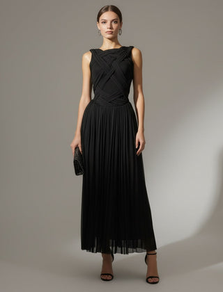 Women's Cocktail Dress | Midi Length Crisscross Neckline Sleeveless Pleated