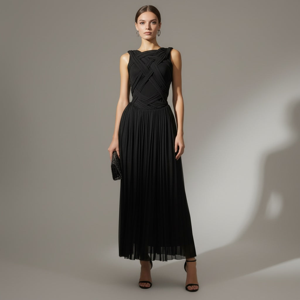 Women's Cocktail Dress | Midi Length Crisscross Neckline Sleeveless Pleated