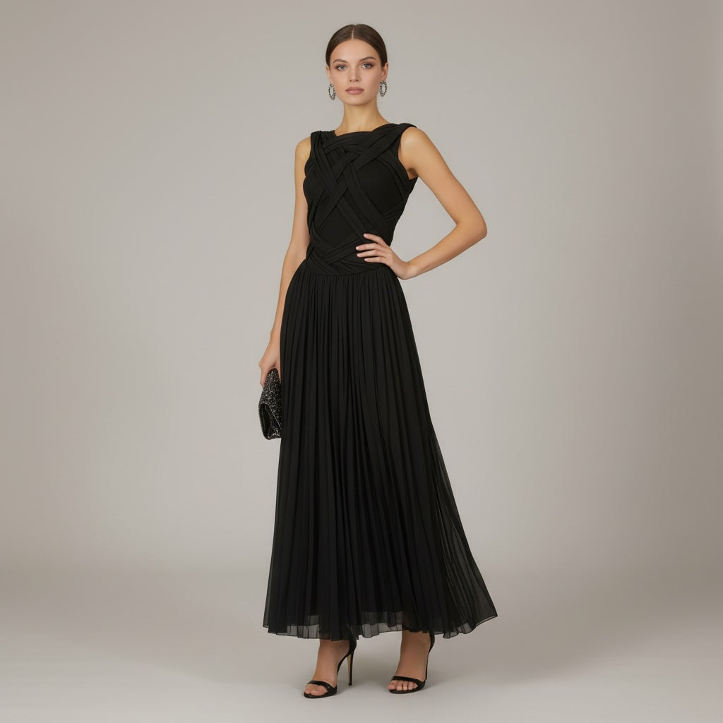 Women's Cocktail Dress | Midi Length Crisscross Neckline Sleeveless Pleated