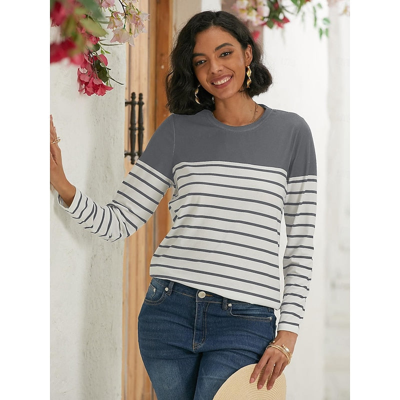 Women's Long Sleeve Top | Crew Neck Striped Knit