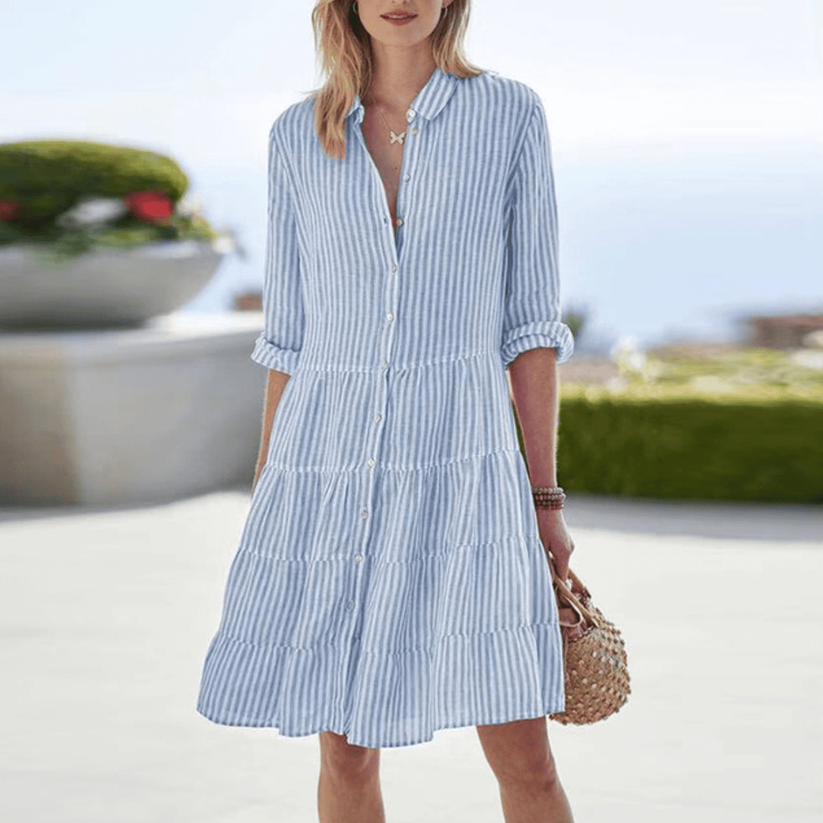 Women's Summer Dress | Midi Length Striped Collared Button