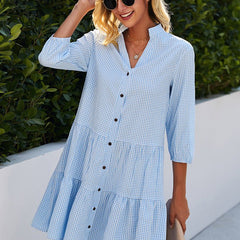 Women's Day Dress | V-Neck Gingham Three-Tier Midi