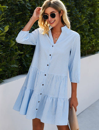 Women's Day Dress | V-Neck Gingham Three-Tier Midi
