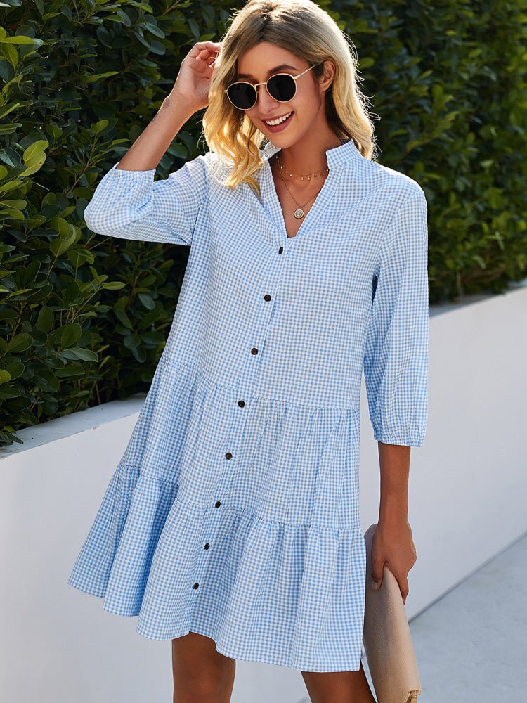Women's Day Dress | V-Neck Gingham Three-Tier Midi