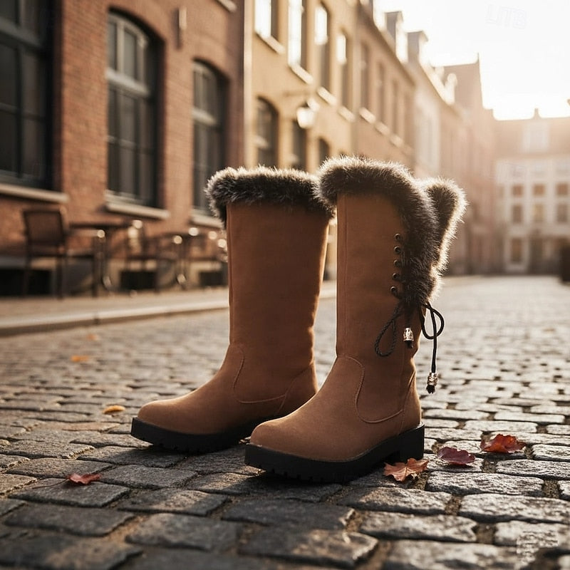 Women's Knee High Boots | Fur Trim Lace Up Block Heel