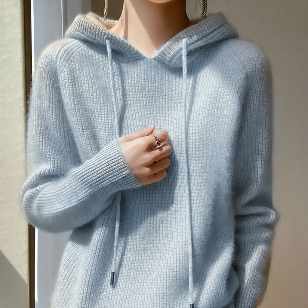 Women's Cashmere Sweatshirt | Hooded Ribbed Knit Long Sleeve