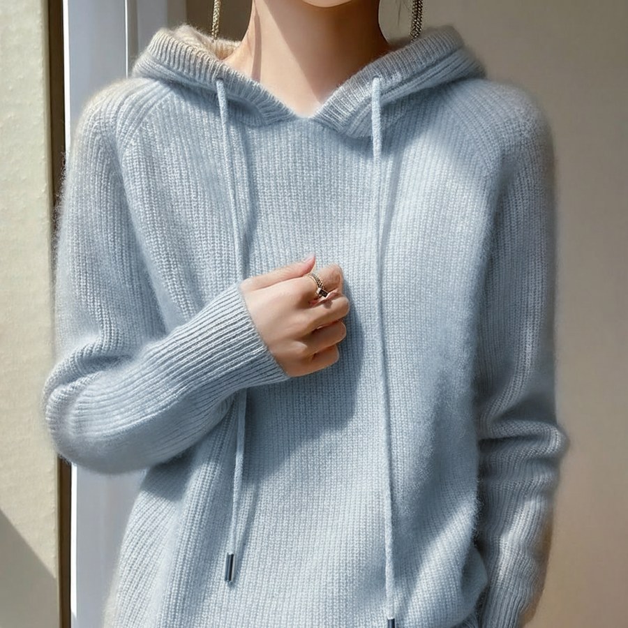 Women's Cashmere Sweatshirt | Hooded Ribbed Knit Long Sleeve