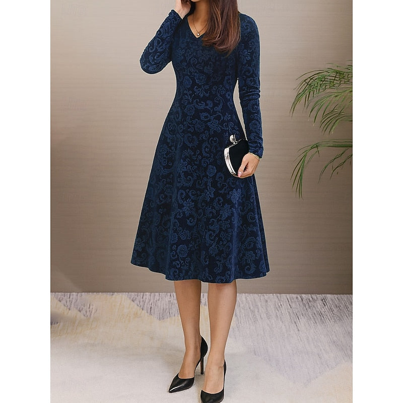 Women's Mother Of The Bride Dress | Midi Length V-Neck Long Sleeve Floral