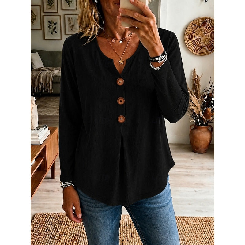 Women's Going Out Top | V-Neck Button Long Sleeve