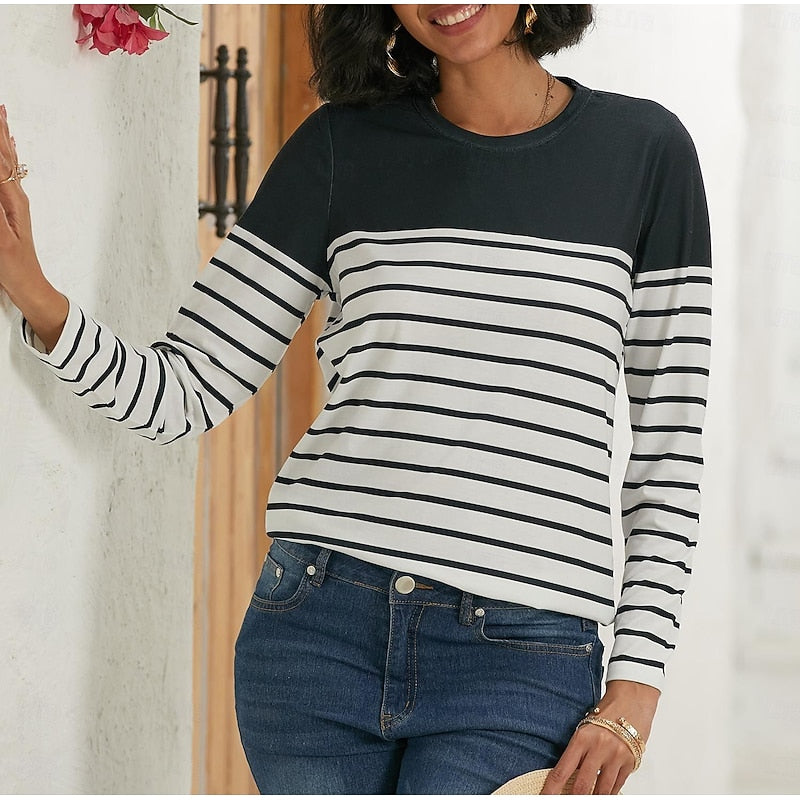 Women's Long Sleeve Top | Crew Neck Striped Knit