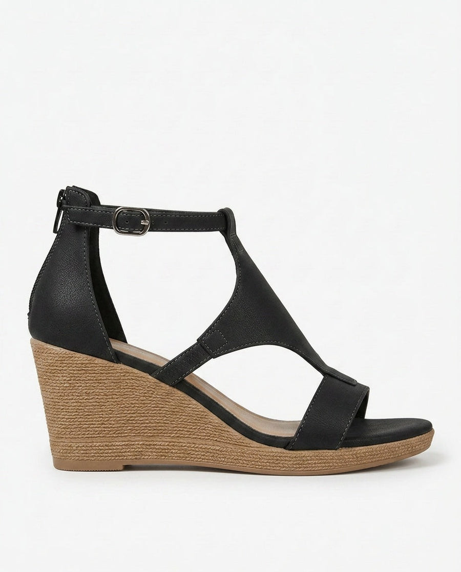 Women's Wedge Heels | T-Strap Closure Open Toe Faux Leather
