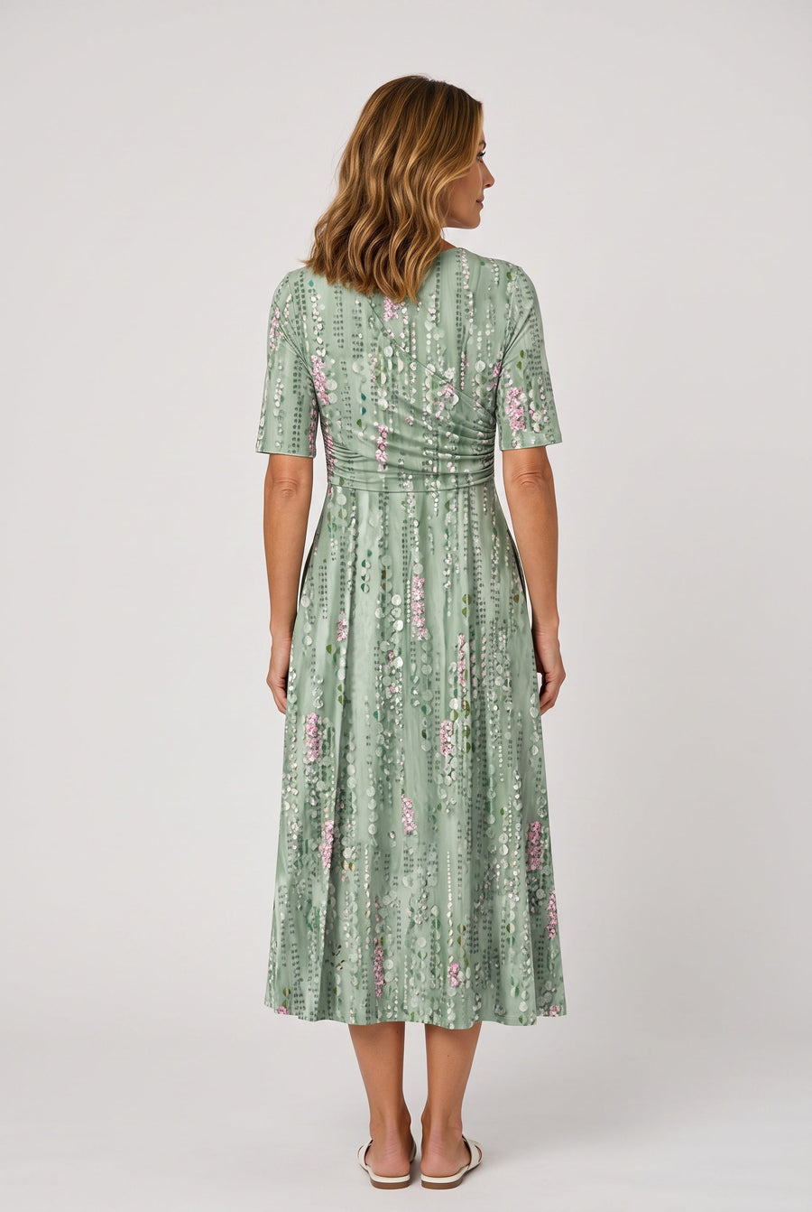 Women's Green Sundress | Midi Flared V Neckline Short Sleeve