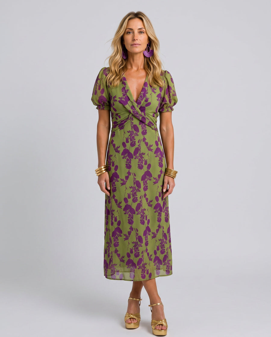 Women's Green Sundress | Maxi Floral Print V Neck Puff Sleeve