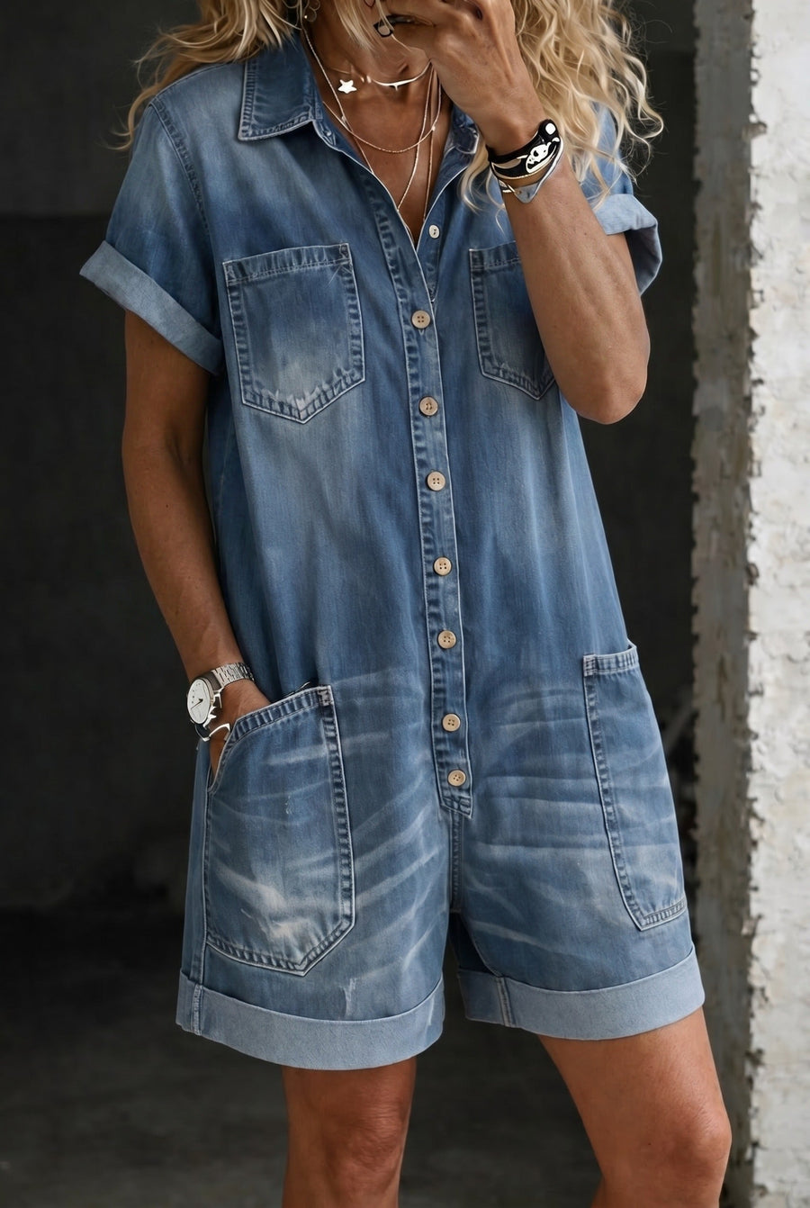 Women's Denim Shorts | Collared Shirt Closure Button Pocket
