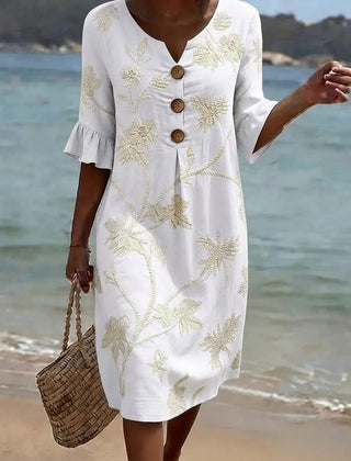 Women's Linen Dress | Midi Length V-Neck Floral Button