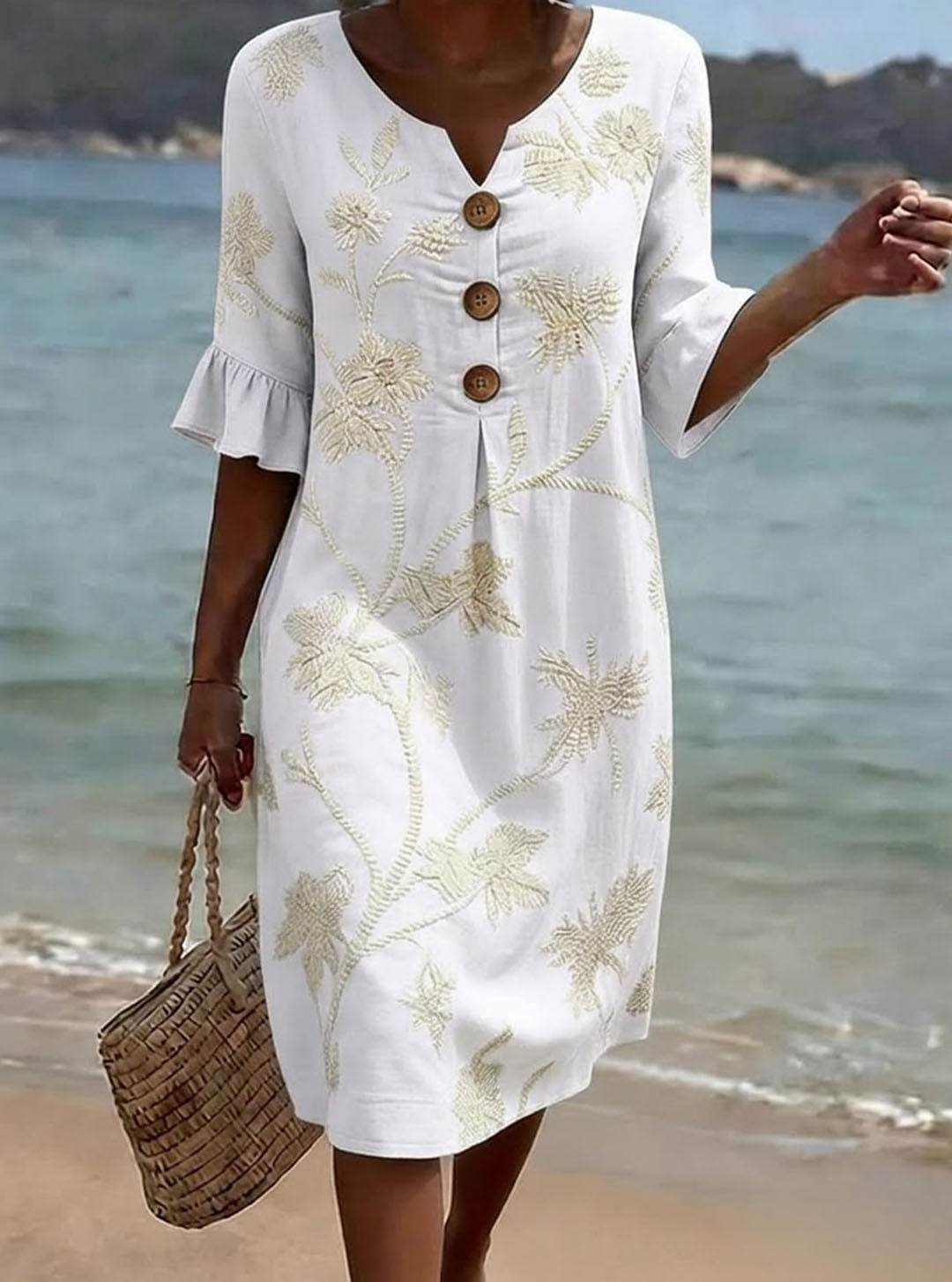 Women's Linen Dress | Midi Length V-Neck Floral Button