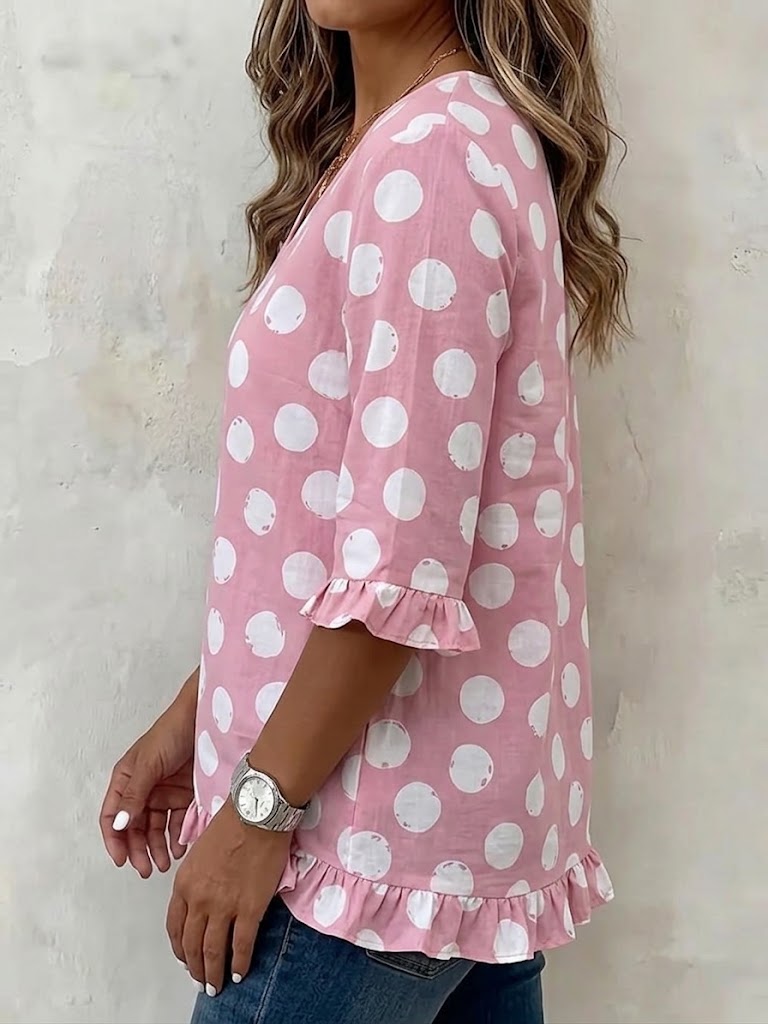 Women's Polka Dot Top | V-Neck Ruffled Linen Sleeve