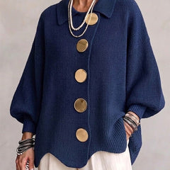 Women's Cardigan | Oversized Lantern Sleeves Scalloped Hem Button Closure